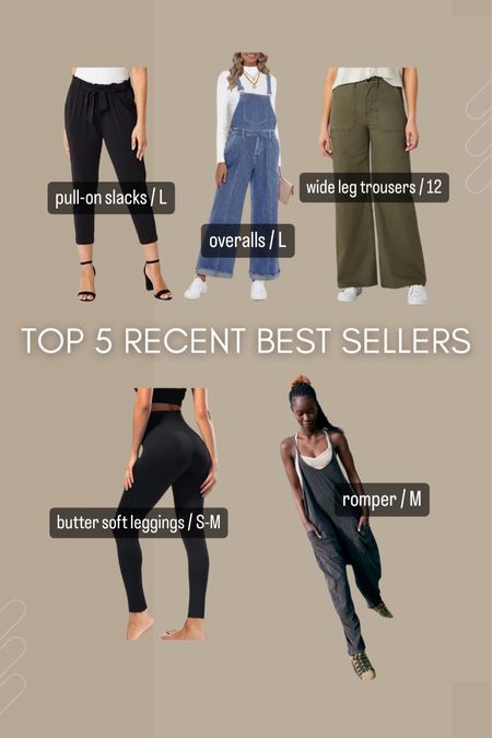 TOP 5 RECENT BEST SELLERS:
•black pull-on slacks, true to size
•overalls, true to size
•wide leg trousers, true to size
•butter soft leggings, check size chart on Amazon!
•Free People romper, size down one 

#LTKmidsize #LTKfindsunder50 #LTKworkwear