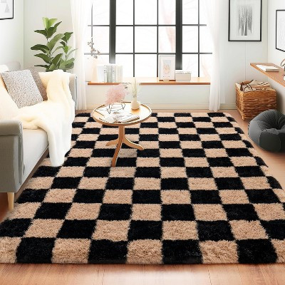 5x7 Feet Checkered Area Rugs For Living Room, Black Modern Super Soft Fluffy Rugs for Bedroom Home Aesthetic Decor white coffee 60x84 inch | Target