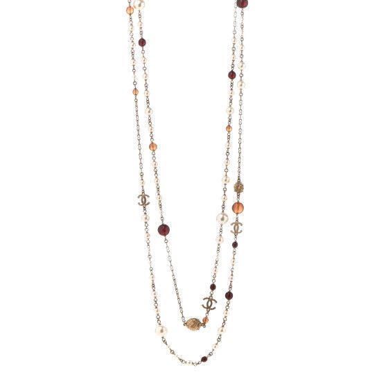 Pearl Crystal Bead CC Long Necklace Black Brown White | FASHIONPHILE (US)