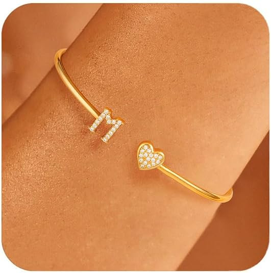 Honsny Gold Initial Bracelets for Women 18K Gold Plated Initial Heart Cuff Bangle Bracelets for W... | Amazon (US)