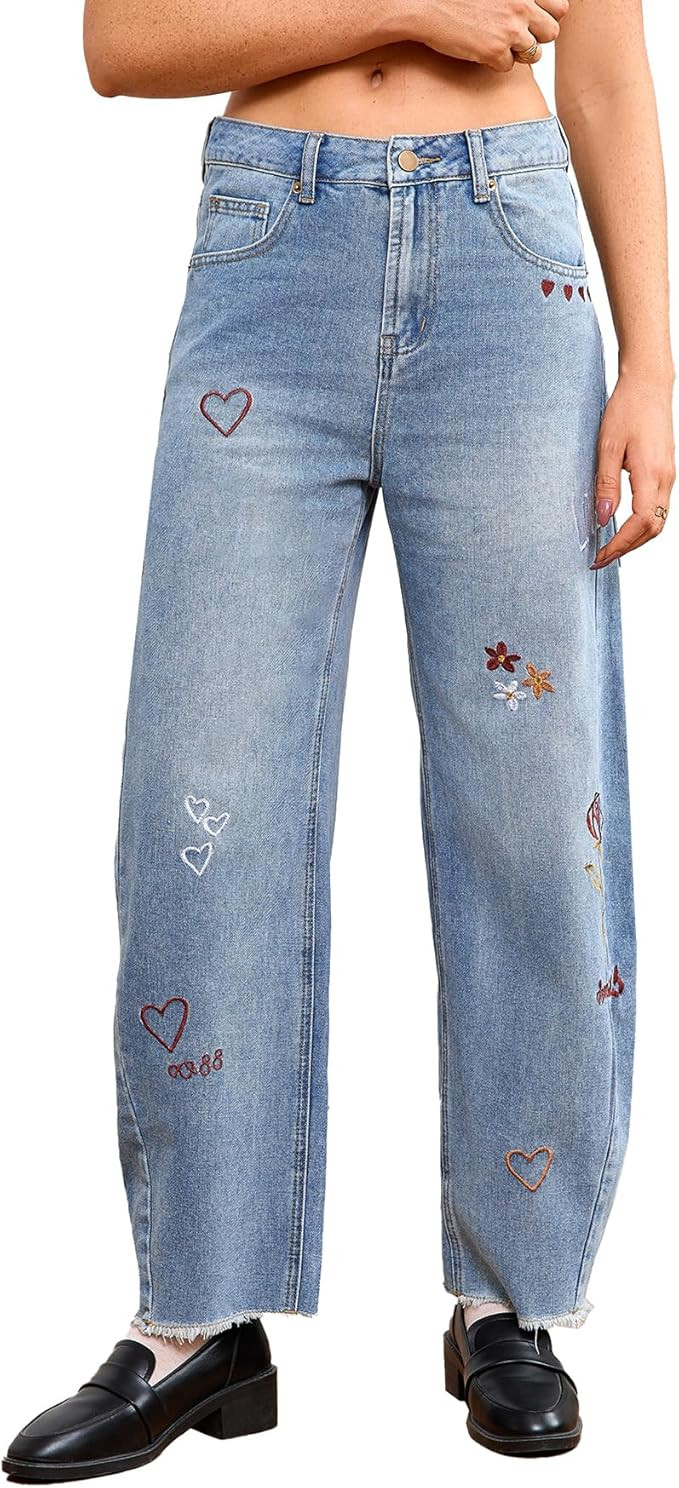 Women Valentines Day Pattern Embroidered Barrel Jeans Wide Leg Mid Rise Baggy Boyfriend Y2K Denim... | Amazon (US)