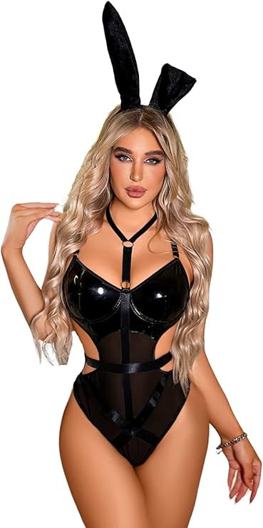 Kaei&Shi <3Pc Sexy Halloween Bunny Costume> Ear Collar, Wet Look Cup Bodysuit | Amazon (US)
