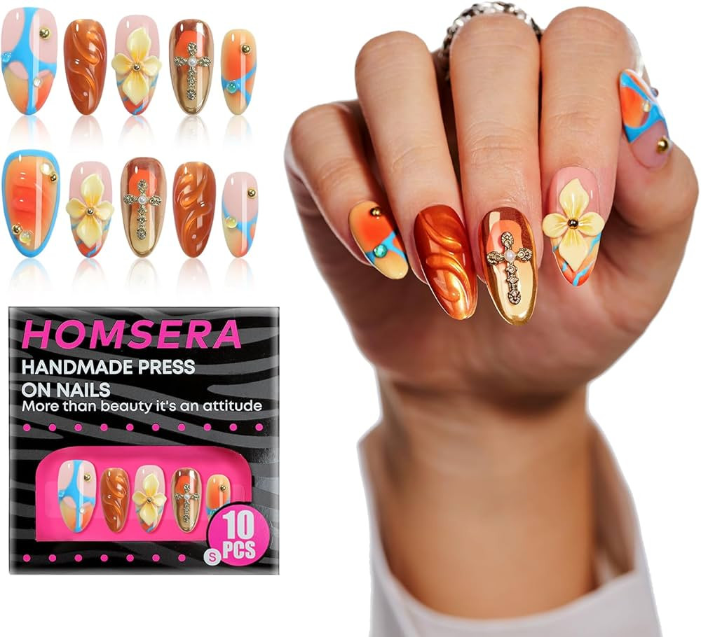 Handmade Press On Nails Almond, 3D Flowers Cross Design Short Fake Nails, Salon-Quality Reusable,... | Amazon (US)