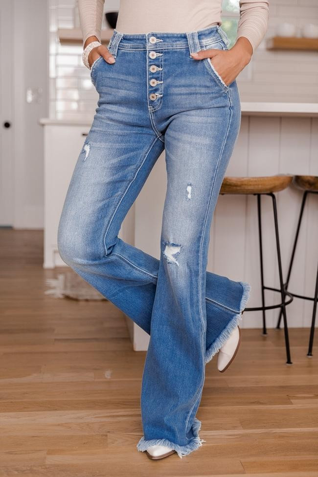 Kelly Distressed Flare Medium Wash Jeans | The Pink Lily Boutique