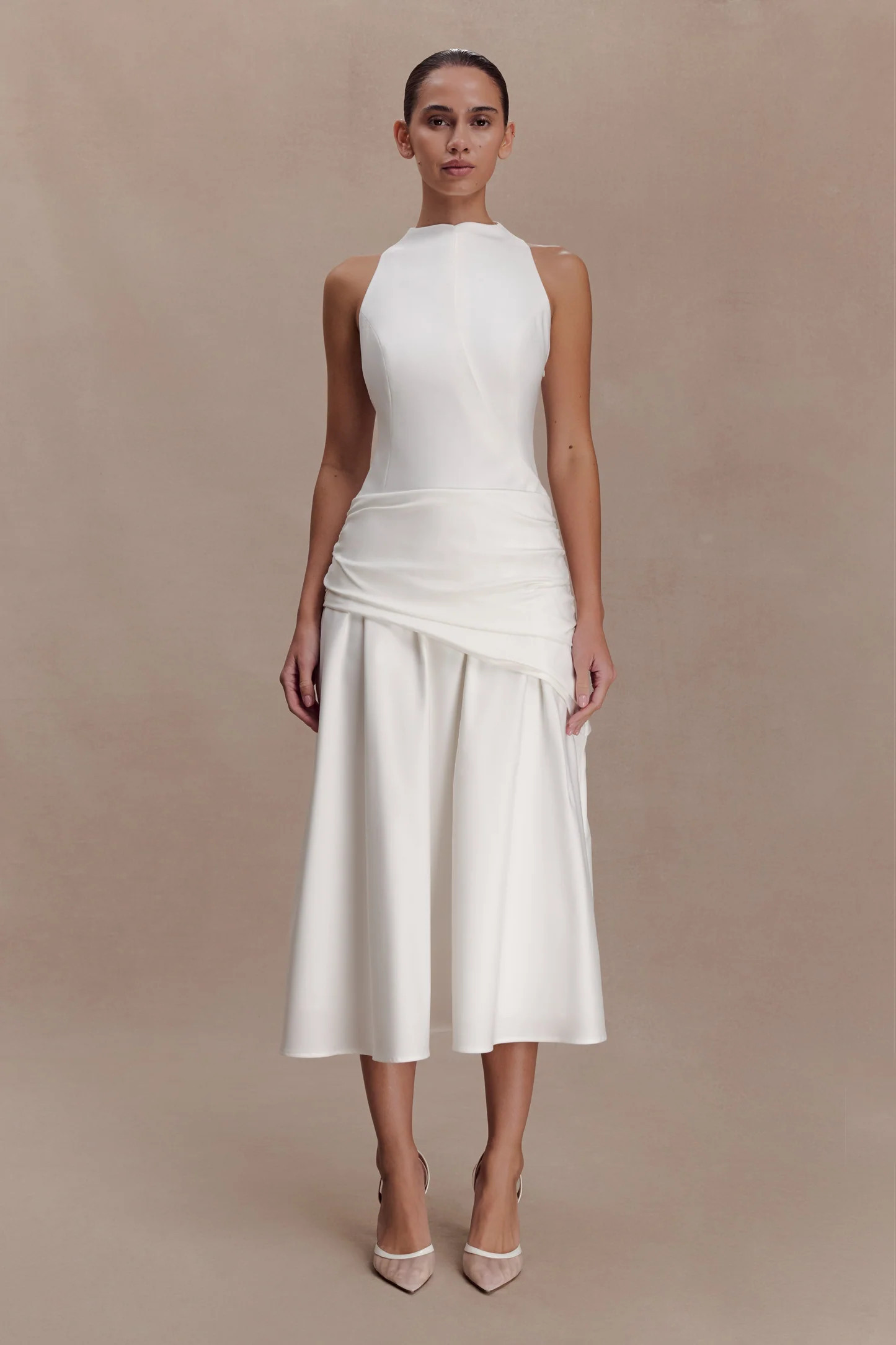 Emily Wrapped Waist Midi Dress - White | Meshki UK