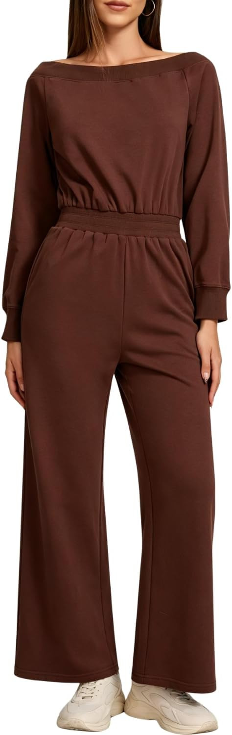 QINSEN Womens Boat Neck Long Sleeve Wide Leg Jumpsuit with Cinched Waist | Amazon (US)