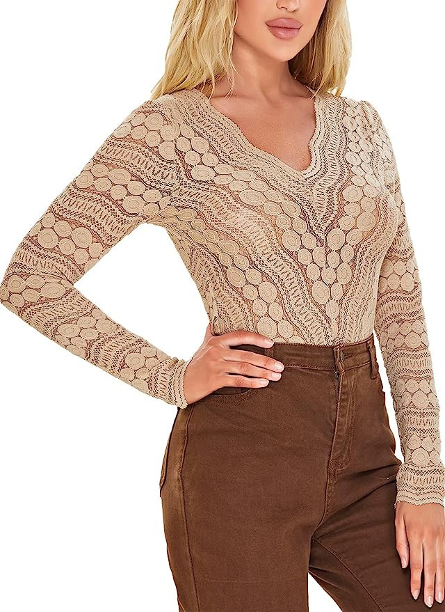 Verdusa Women's Fashion Scallop Trim Sheer Blouse Mesh See Through Lace Crop Top | Amazon (US)