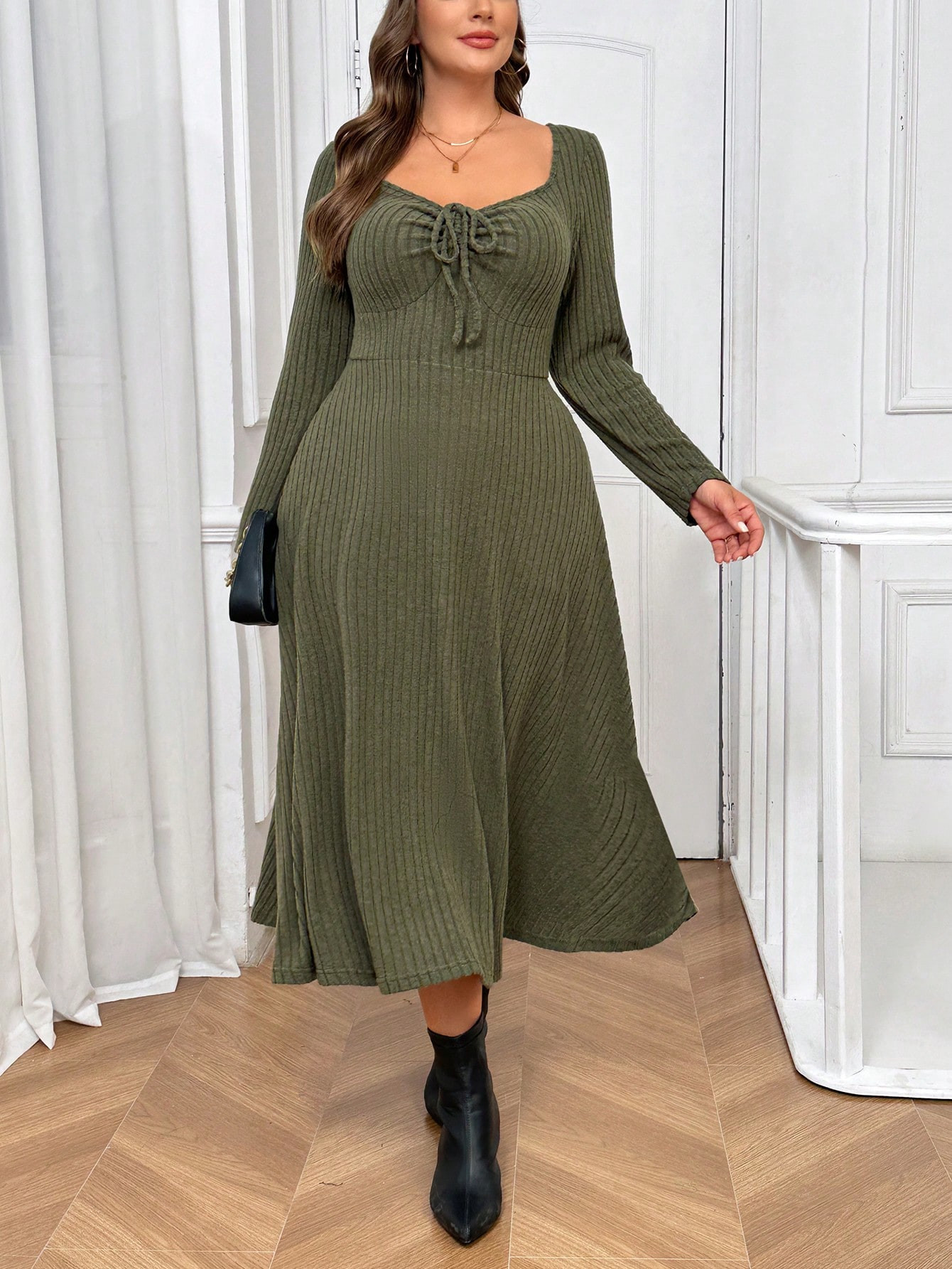 SHEIN Essnce Plus Size Ribbed Twist Collar A-Line Long Sleeve Dress For Fall/Winter | SHEIN USA | SHEIN