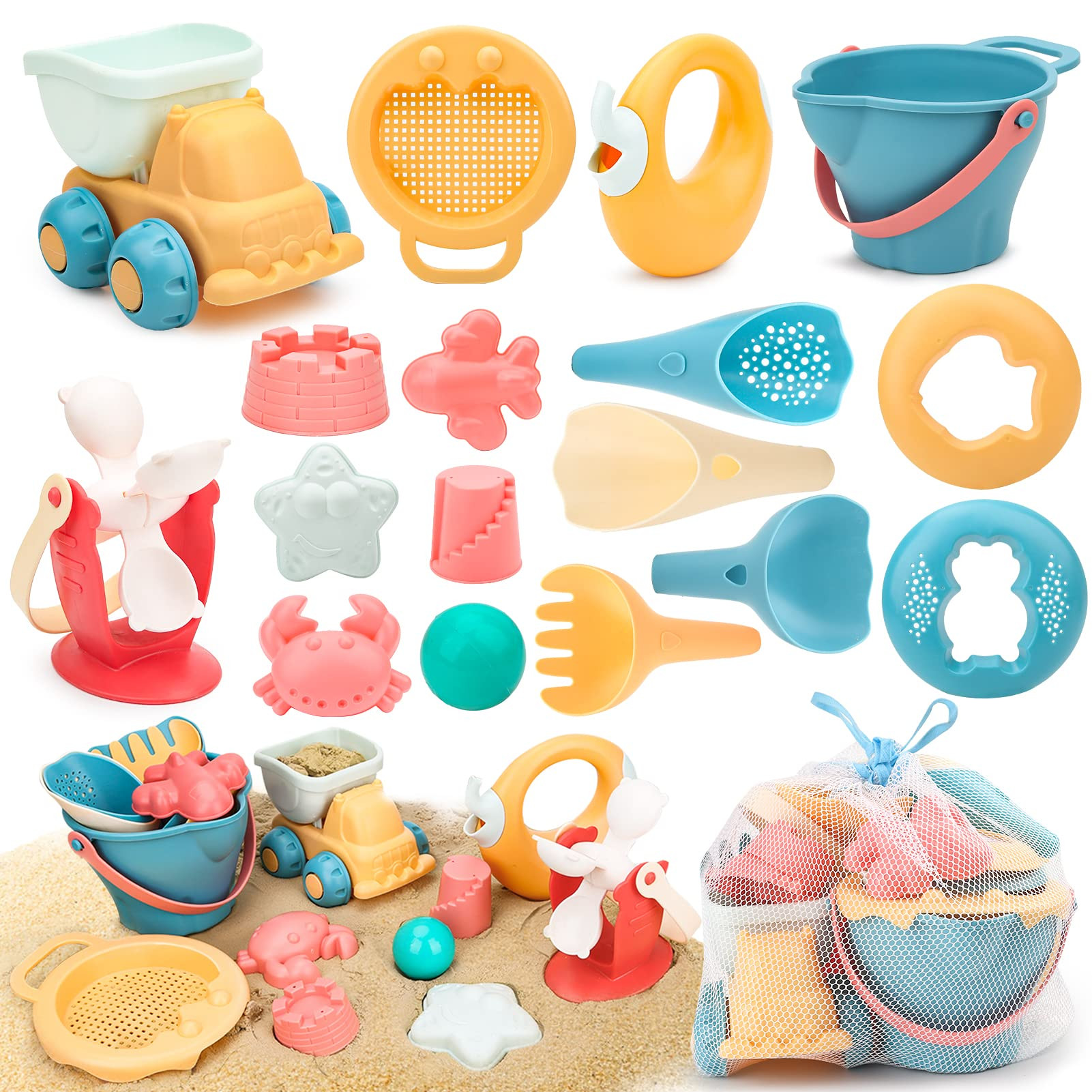 Kids Sand Beach Toys, Sand Toys Set with Resuable Mesh Bag Bucket and Spade Summer Beach Games fo... | Amazon (UK)