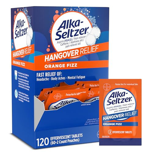 Alka-Seltzer Hangover Relief Tablets, Fast Relief Starts in About 15 Minutes for Headaches, Body Aches & Mental Fatigue, Bachelorette Party & Bachelor Party, Dispenser Pack, 120 Count | Amazon (US)