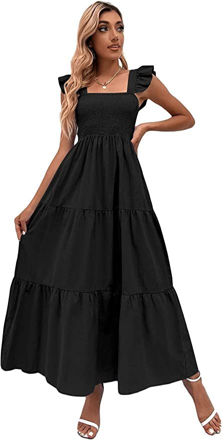 Floerns Women's Square Neck Ruffle Hem Cap Sleeve Shirred A Line Maxi Dress | Amazon (US)