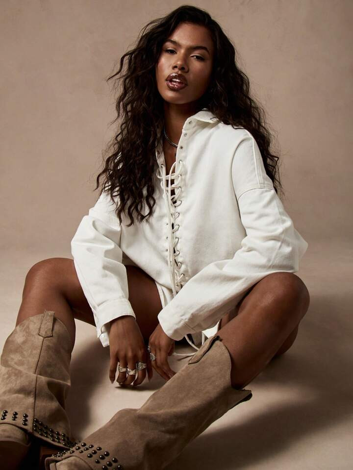 MISSGUIDED Western Style Lace Up Denim Jacket Oversized Fall Winter Fashion Corset Front Button Down Distressed Streetwear Long Sleeve White Top | SHEIN
