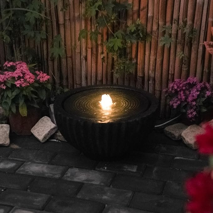 YZM Outdoor Garden Water Fountain Round Bubbler Water Feature with LED Light and Pump, Resin Wate... | Amazon (US)