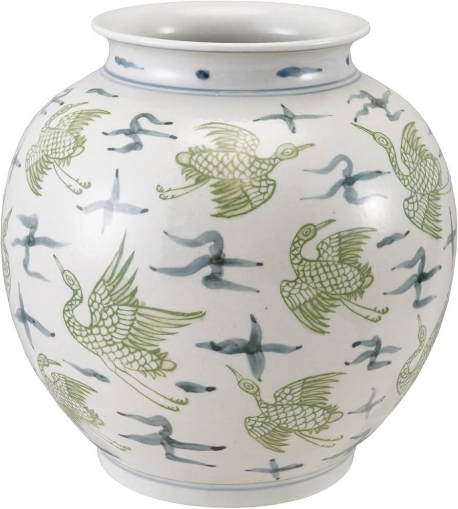 Creative Co-Op Hand‑Painted Ceramic Vase with Crane Pattern, White, Green & Blue | Amazon (US)