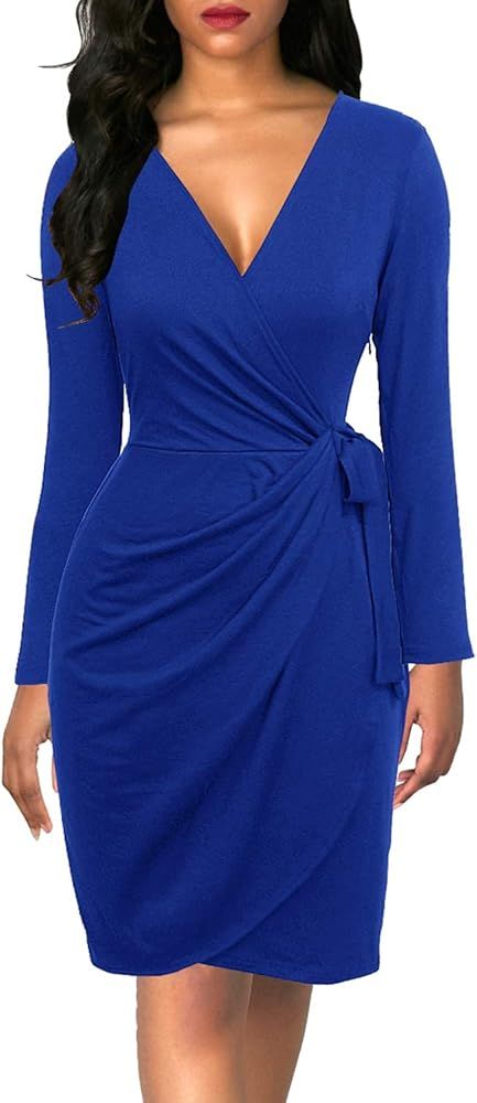 Berydress Women's Black Wrap Dress Sexy Deep V Neck Long Sleeve Knee-Length Cocktail Party Dresse... | Amazon (US)