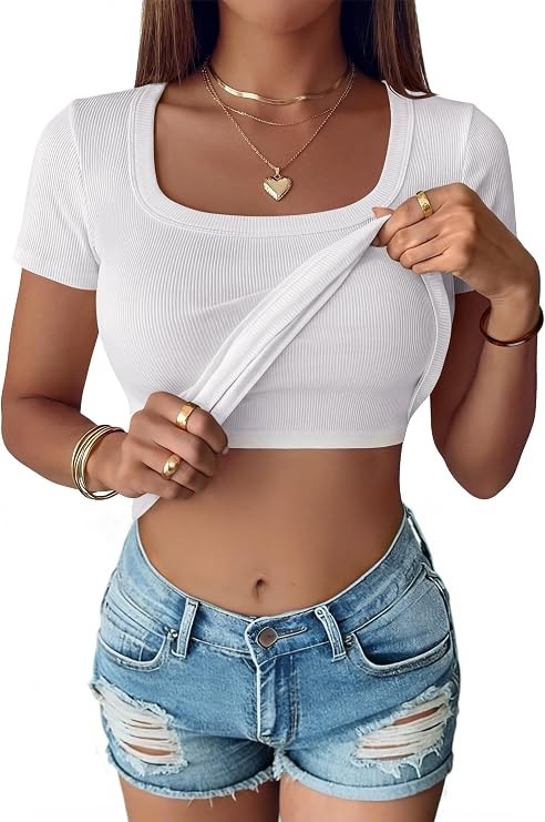 ANRABESS Womens Short Sleeve Tops Built in Bra Summer T Shirts Scoop Neck Ribbed Knit Fitted Basi... | Amazon (US)