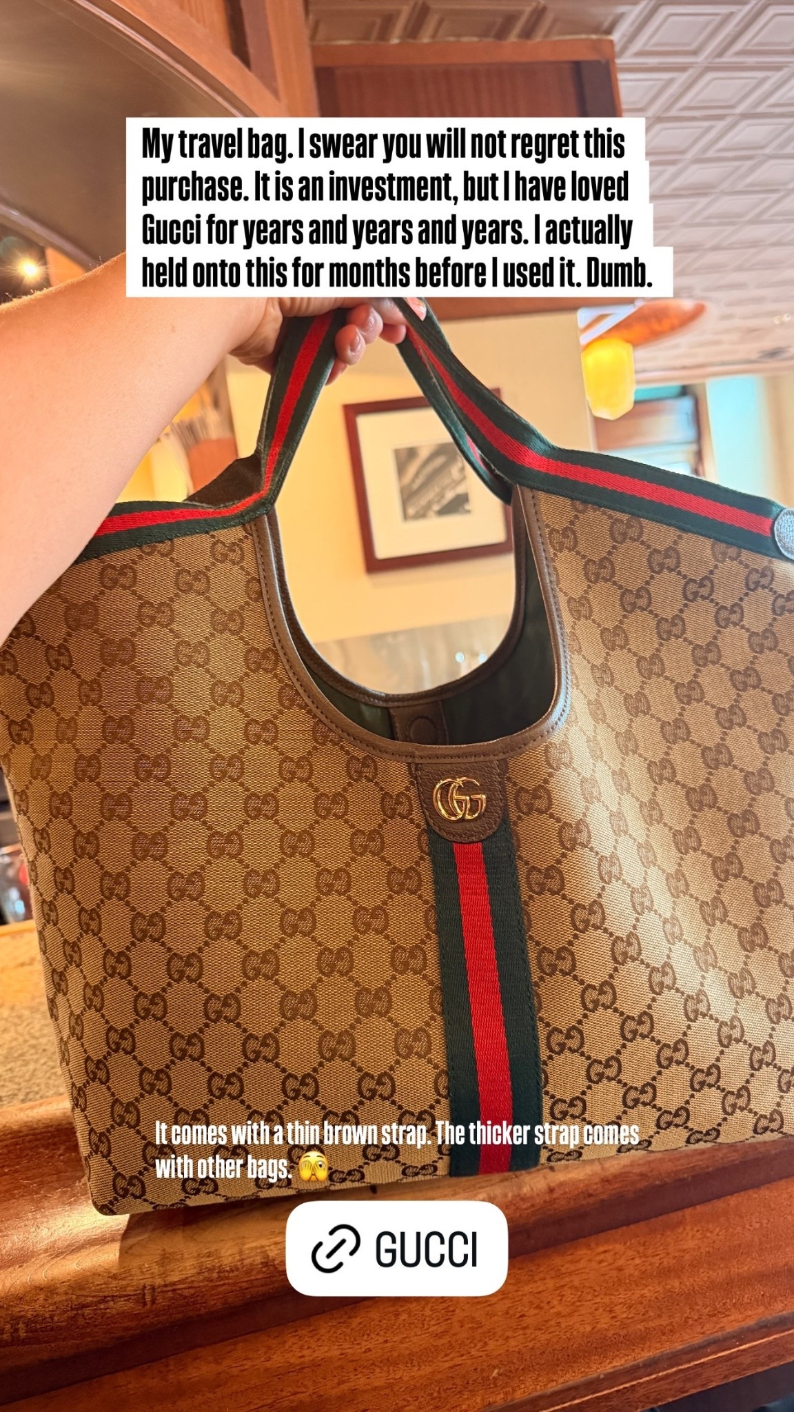My travel bag. I swear you will not regret this purchase. It is an investment, but I have loved Gucci for years and years and years. I actually held onto this for months before I used it. Dumb. 
It comes with a thin brown strap. The thicker strap comes with other bags. 🫣