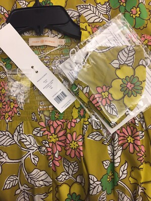 New Tory Burch X-Large Wallpaper Floral Pink Green Print Puffed Sleeve Tie Dress  | eBay | eBay US
