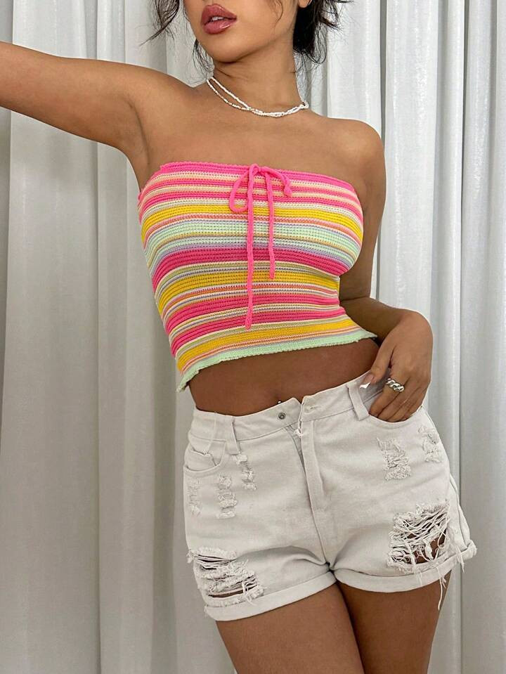 SHEIN WYWH Women's Striped Knitwear Top With Front Tie Knot Design | SHEIN