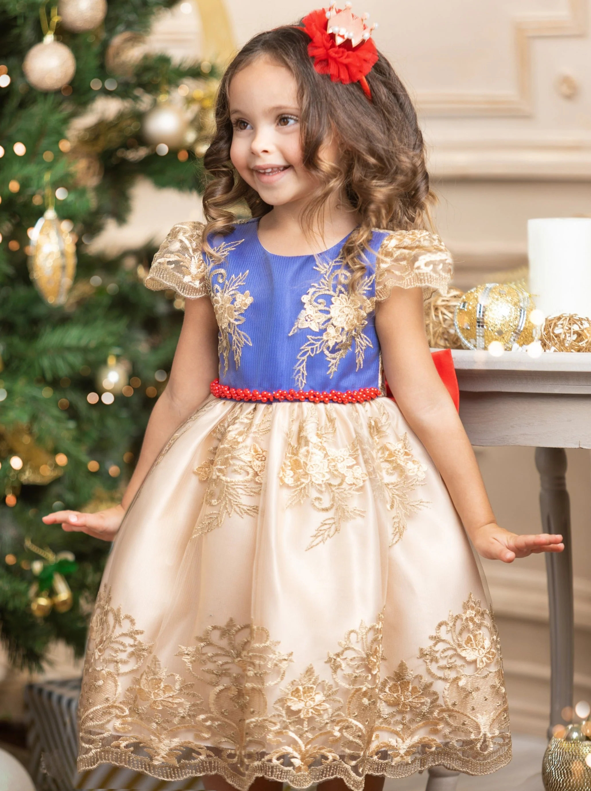 Holiday Princess Gold Embroidered Party Dress | Mia Belle Girls