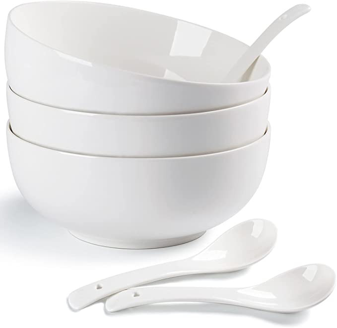 Houlu 55 oz Large Soup Bowl, 8 inch Ramen Bowl Set, Pho Bowls and Spoons Set of 3, Off White Porc... | Amazon (US)