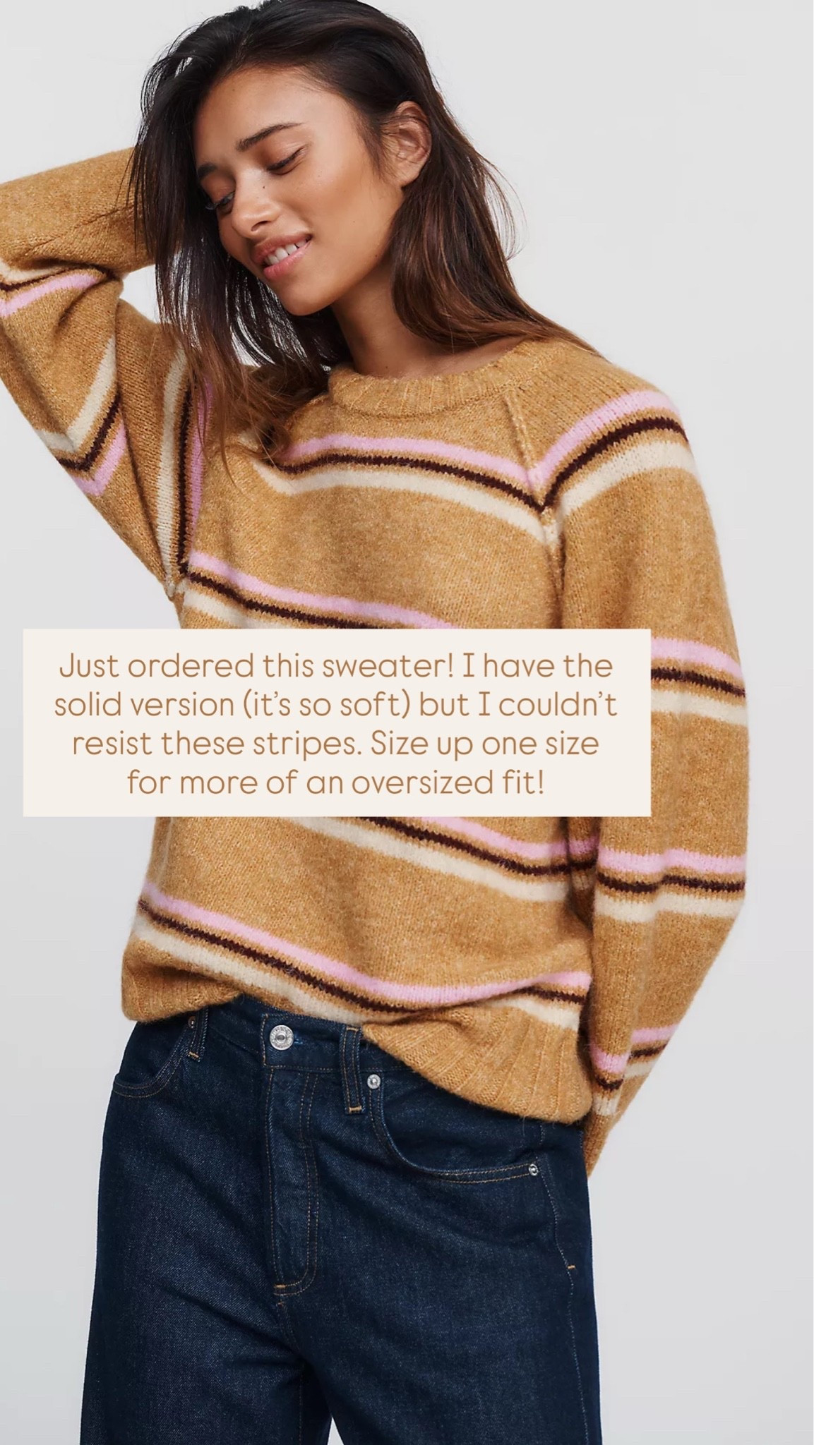 Just ordered this @Anthropologie sweater! I have the solid version (it’s so soft) but I couldn’t resist these stripes. Size up one size for more of an oversized fit!