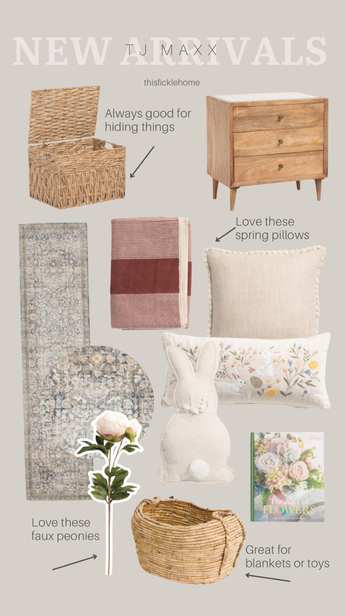 Latest home finds for spring at TJ Maxx!

Spring decorative pillows. Faux peonies. Storage baskets. Runner. Three drawer nightstand.

#LTKHome #LTKSaleAlert #LTKSeasonal