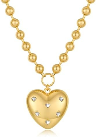 CLASSYZINT Gold Heart Pendant Necklace for Women Puffy Heart Necklace Beads Chain Necklace Statem... | Amazon (US)