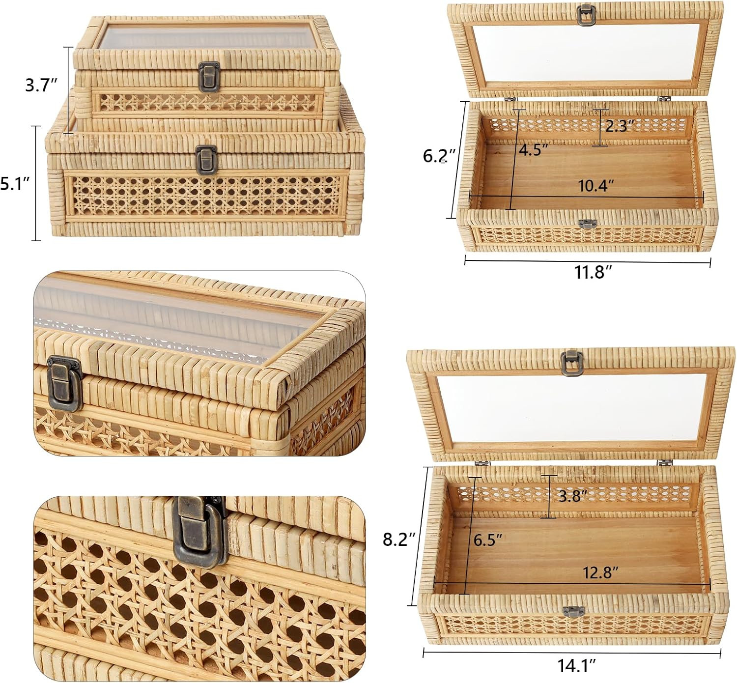 Rattan and Cane Stacking Boxes with Glass Top Lid - Set of 2 for Boho, and Rustic Farmhouse Decor | Amazon (US)