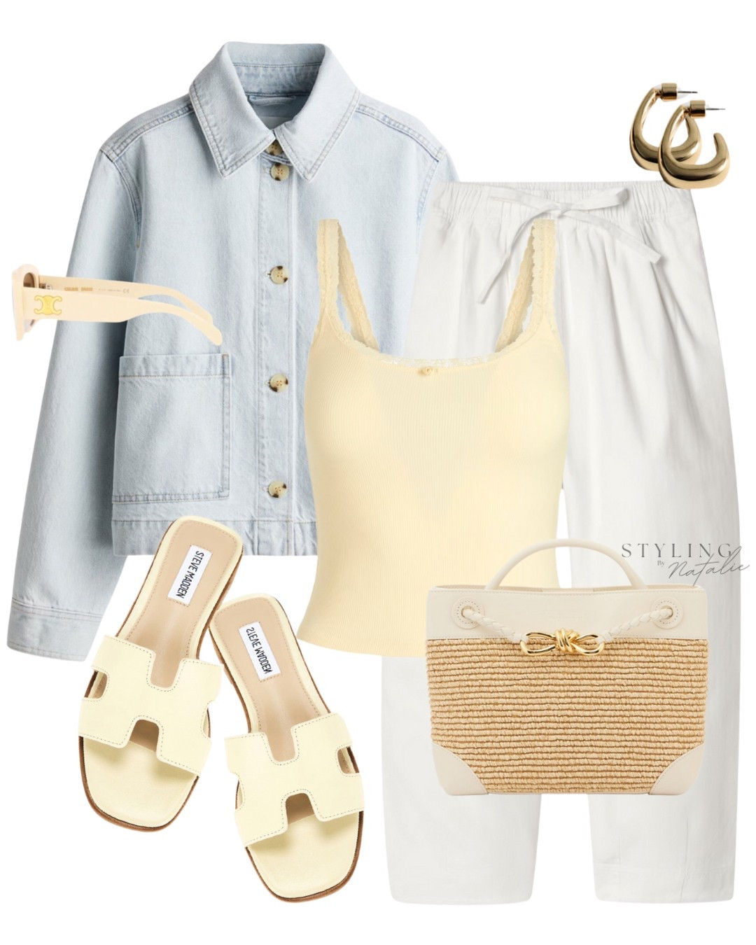 Comfy casual chic summer outfit- Denim jacket, butter yellow vest top, tie waist pull-on trousers, Buttermilk yellow slides/sandals, Bottega Veneta straw tote bag. 

#LTKspring #LTKuk #LTKsummer