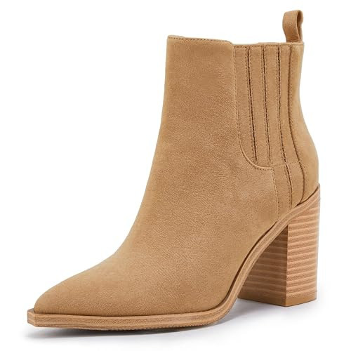 Womens Ankle Boots Slip on Pointed Toe Chunky Block Mid Heel Leather Elastic Panel Casual Chelsea Western Booties 6.5 | Amazon (US)