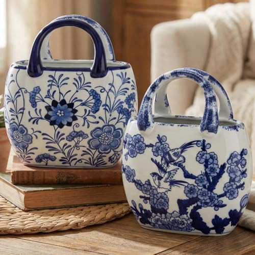 LemonRoad 2 Pcs Ceramic Purse Vase for Flowers Porcelain Blue and White Valentine's Day Arty Gifts Handbag Vases for Table Centerpiece Flowers Pottery Chinoiserie Living Room Kitchen Bedroom | Amazon (US)