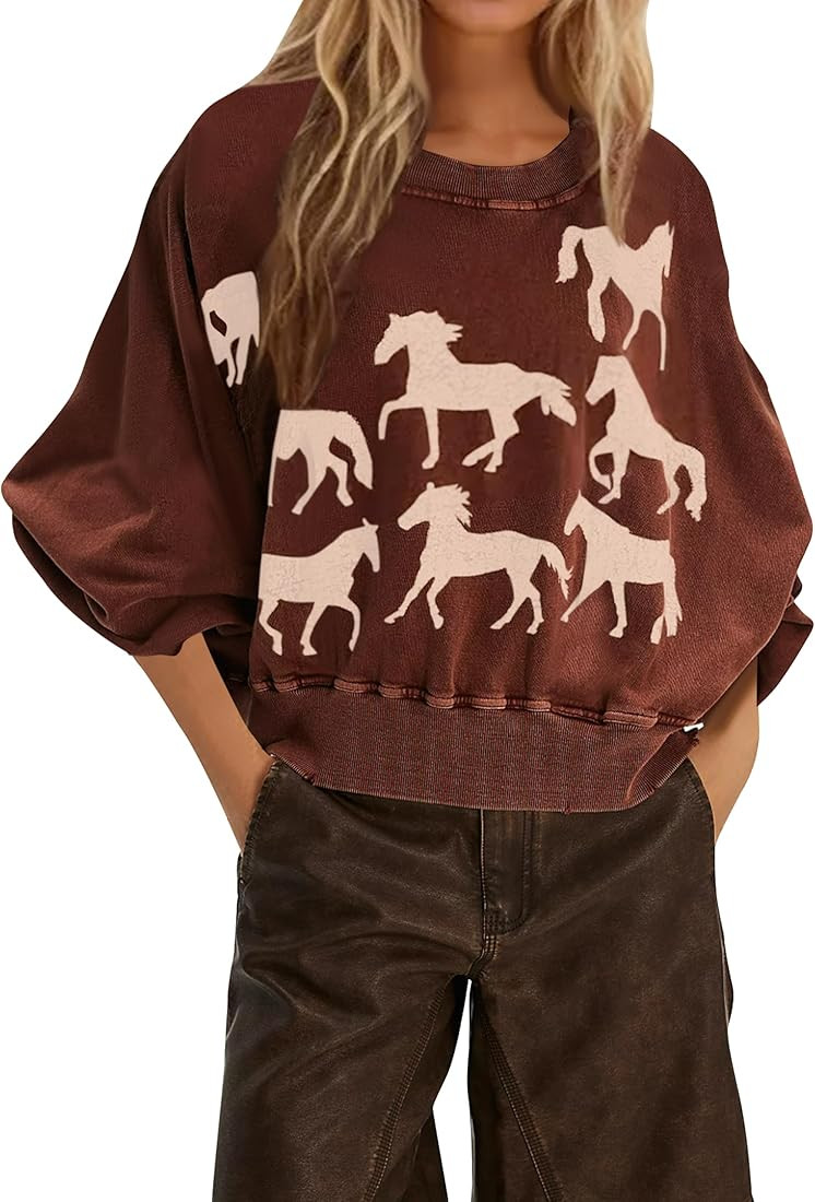 Women Cropped Sweatshirt Oversized Graphic Horse Print Crewneck Long Sleeve Pullover Casual Loose... | Amazon (US)