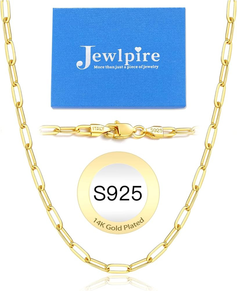 Jewlpire 14K Gold Plated 925 Sterling Silver Paperclip Chain Necklace for Women, 4mm 5mm Shiny & ... | Amazon (US)