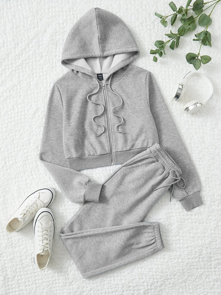 SHEIN EZwear Zip Up Drawstring Hoodie & Sweatpants | SHEIN
