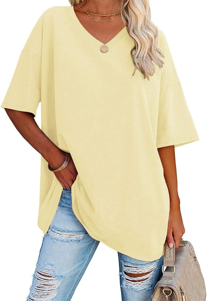 Ebifin Women's Oversized T Shirts Tees Half Sleeve V Neck Comfy Cozy Cotton Tunic Tops | Amazon (US)