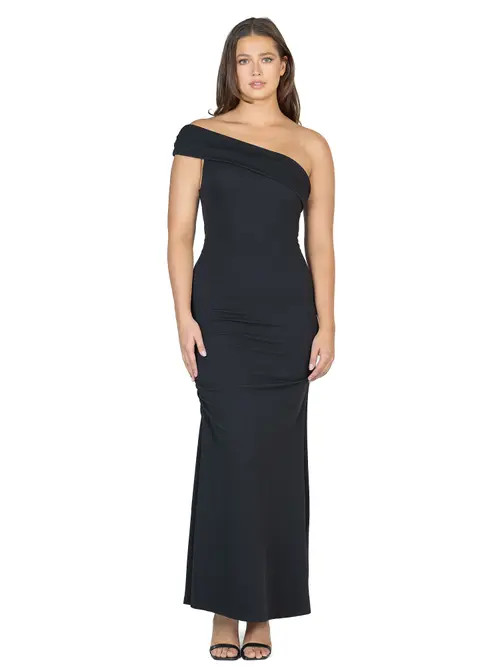 24seven Comfort Apparel Formal One Shoulder Rouched Mermaid Maxi Dress in Black at Nordstrom, Size 1X | Nordstrom