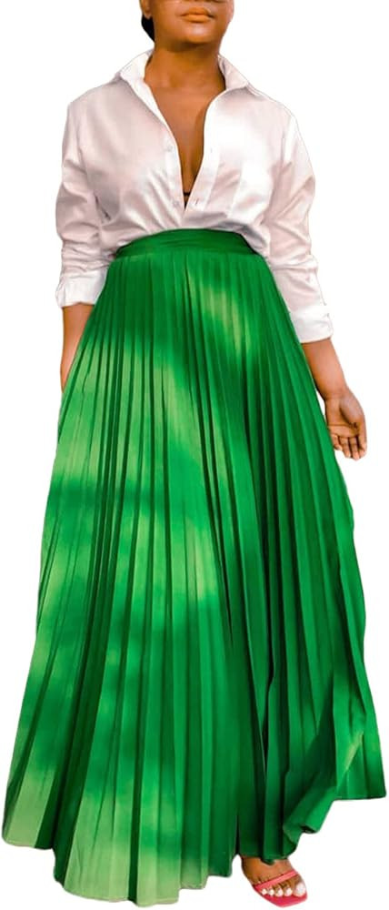 Women's Elastic High Waist Full Length Chiffon Flowy Swing Pleated Long Skirt | Amazon (US)