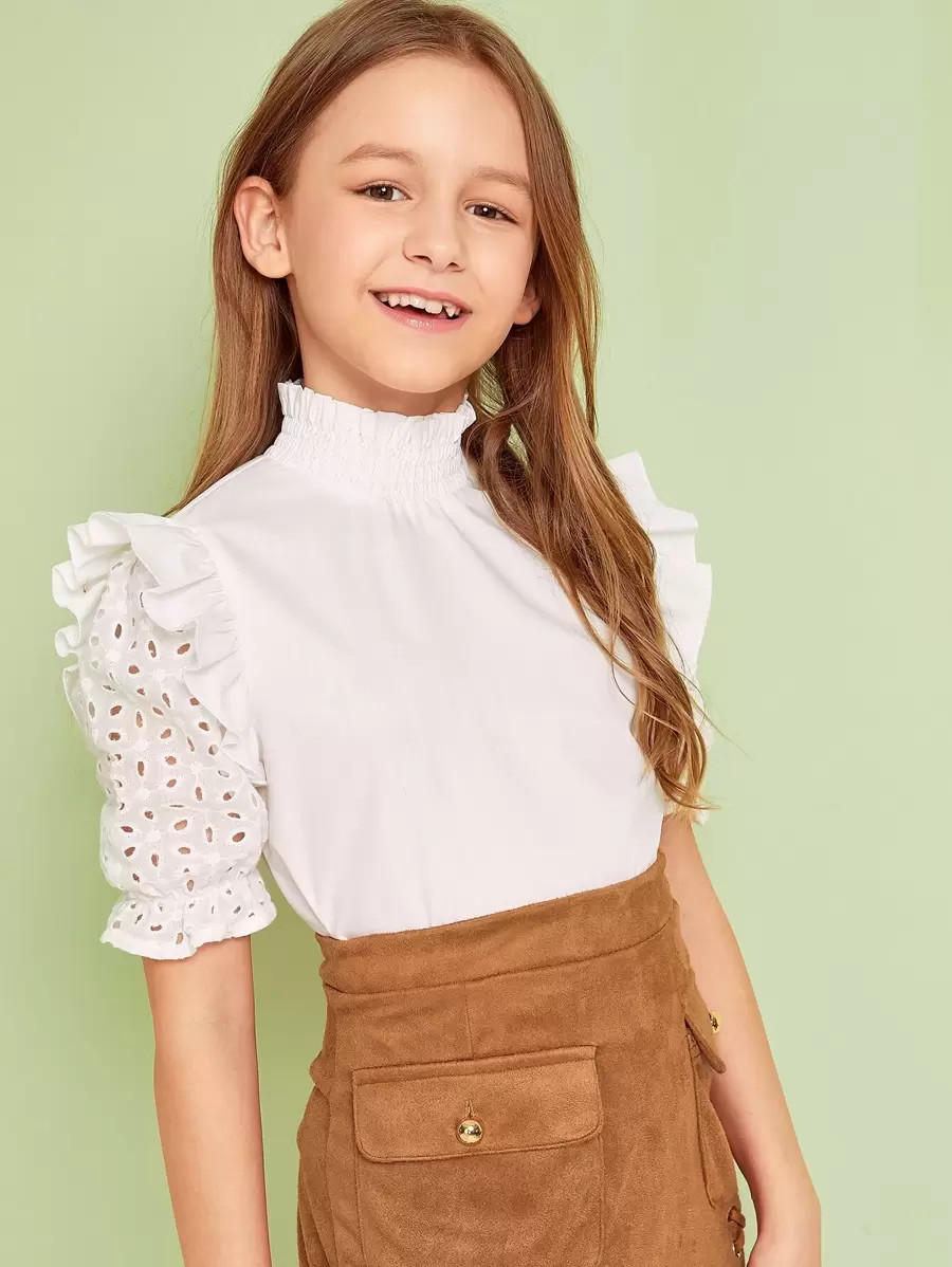 SHEIN Girls Shirred Mock-neck Ruffle Detail Schiffy Sleeve Top | SHEIN