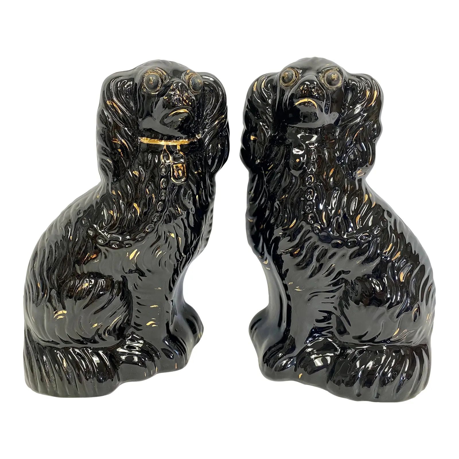 Antique Pair of Black Staffordshire King Charles Spaniel Dog Figurines From England - Circa 19th ... | Chairish