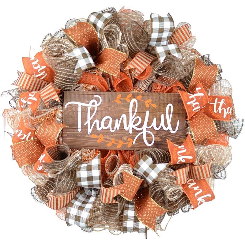 Thankful Wreath | Happy Fall Thanksgiving Deco Mesh Front Door Wreath; Brown Orange Burlap White | Amazon (US)