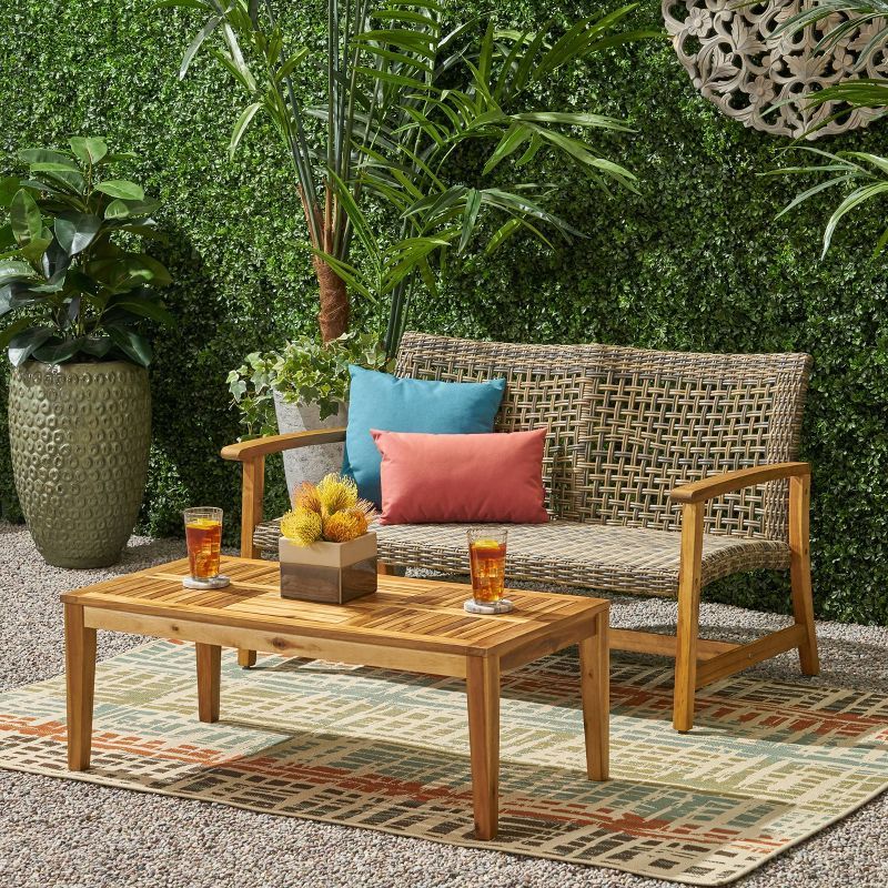 2pc Hampton Wood and Wicker Patio Loveseat and Coffee Table Set Gray - Christopher Knight Home | Target