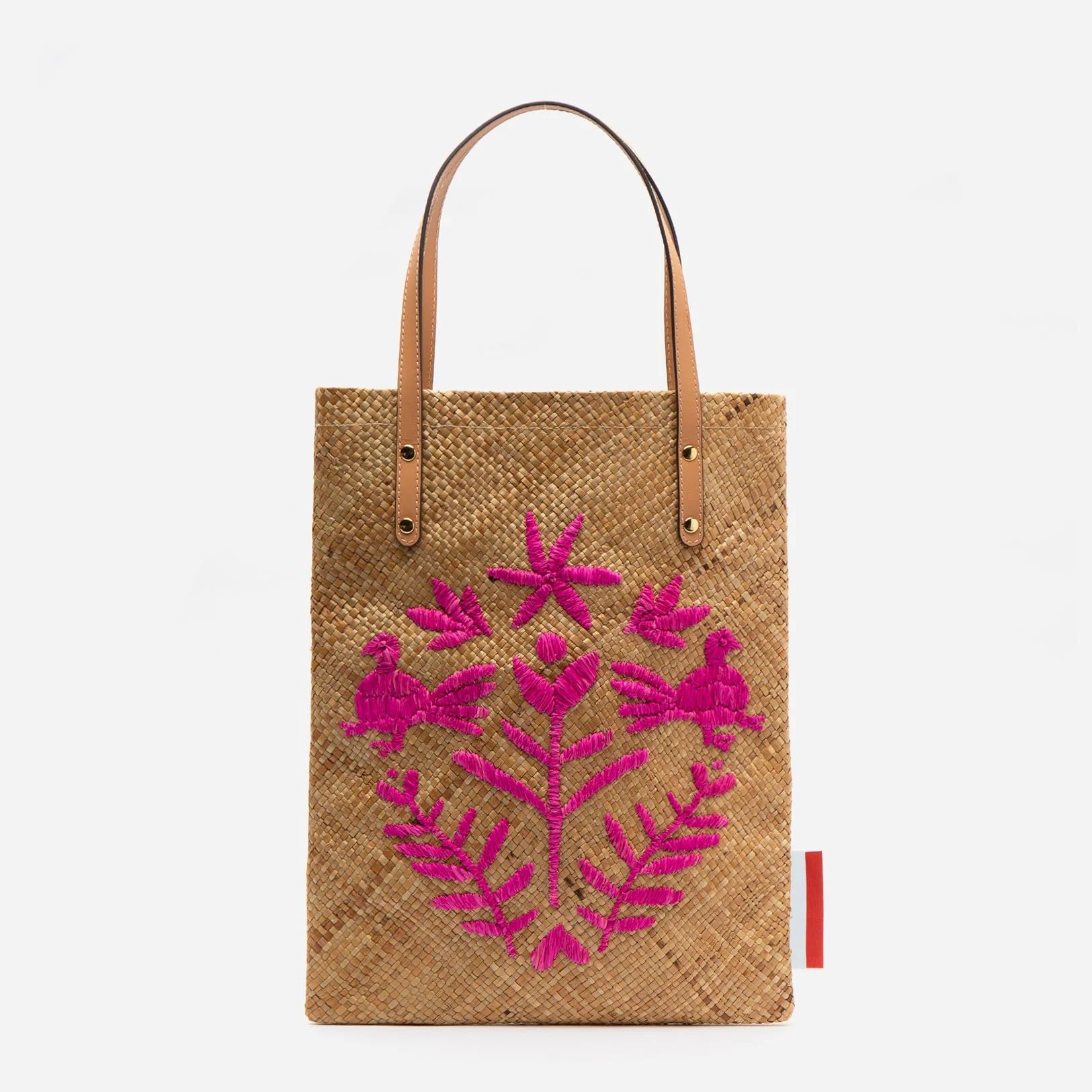 Flat Palm Leaf Embroidered Tote Natural Pink | 