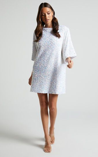 Valetta Mini Dress - High Scoop Neck 3/4 Sleeve Cowl Tie Back Dress in White | Showpo (ANZ)