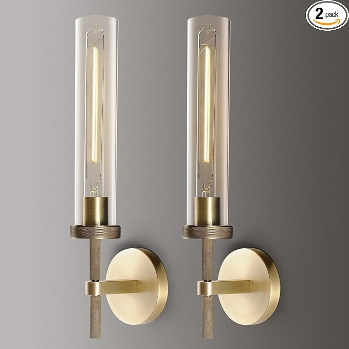 Brass Wall Sconces Set of Two, Glass Tube Sconces Wall Lighting, Gold Bathroom Vanity Light Fixtu... | Amazon (US)