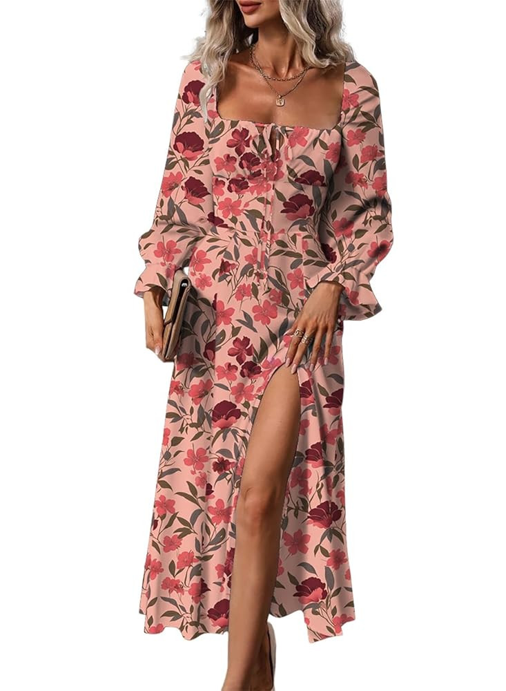 BLENCOT Womens Casual Square Neck Long Sleeve Boho Floral Midi Dress Print Side Split Dresses | Amazon (US)