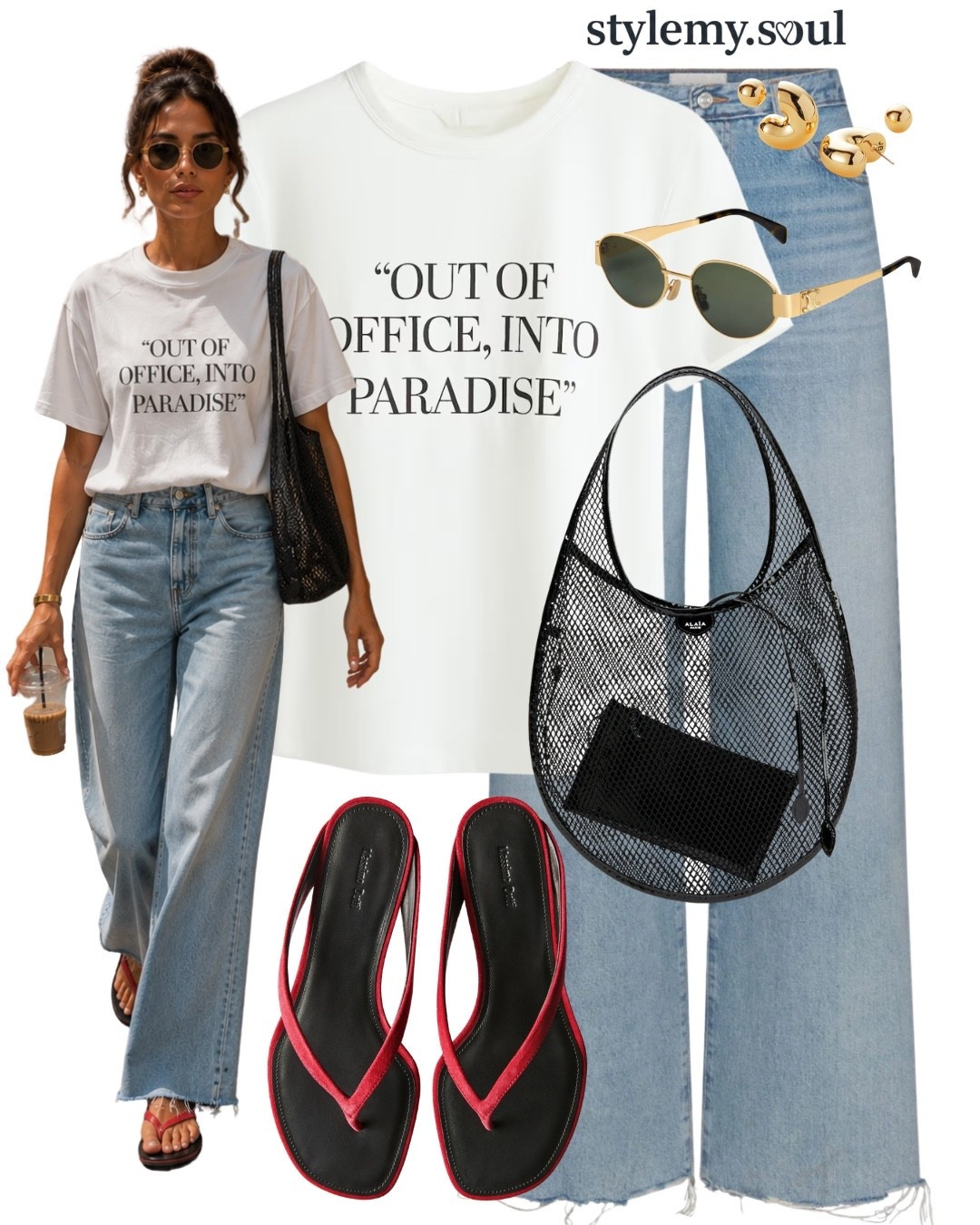 White t shirt, printed tshirt, jeans, red flip flops, mesh bag, sunglasses, golden earrings

#LTKmomlife #LTKOver40 #LTKootd