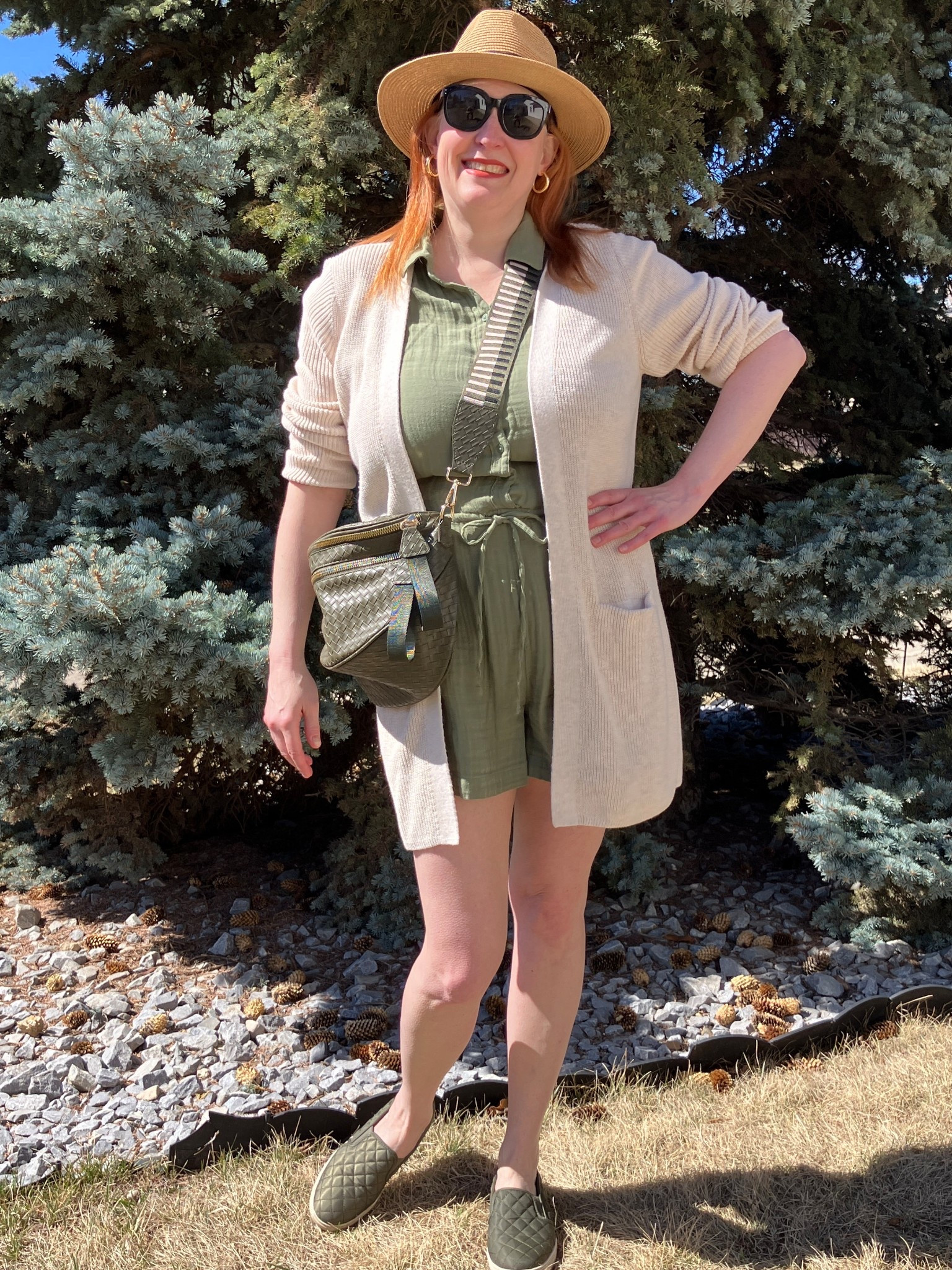 I straight up love rompers. Want an easy look? Got no time? Want to look put together? Choose a romper! I decided to throw in a bright cardigan and tan hat but kept the rest of the look monochromatic with moss green shoes and bag. It is still blizzarding today and very windy. Spring come back!!! 😫 Canadians click on the first links to shop, and Americans click on the second links to shop. If there’s only one link then you can shop it in your own country. And remember, trendy doesn’t have to be expensive! Bye!

#LTKOver40 #LTKootd #LTKmomlife