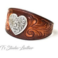 Hand Tooled Leather Cuff Bracelet Wristband With Silver Heart Concho - Western Style Buckle Clasp | Etsy (US)