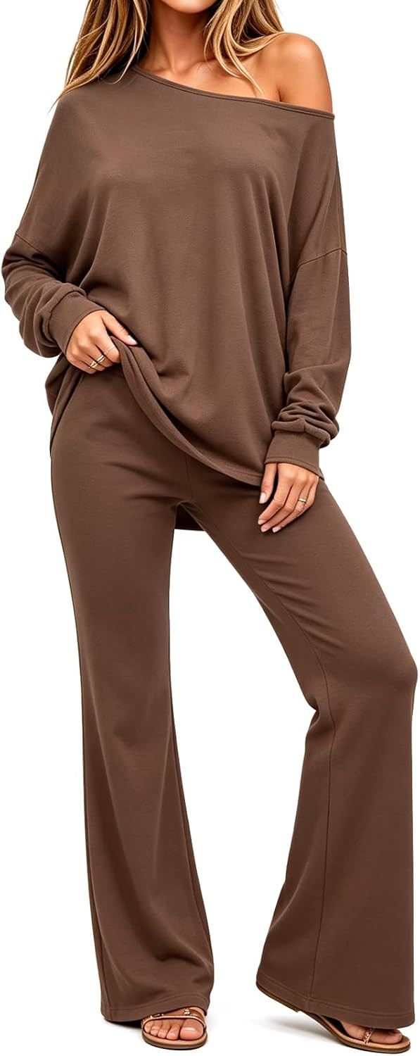 Fisoew Womens 2 Piece Lounge Sets Off Shoulder Long Sleeve Top Flared Pants | Amazon (US)